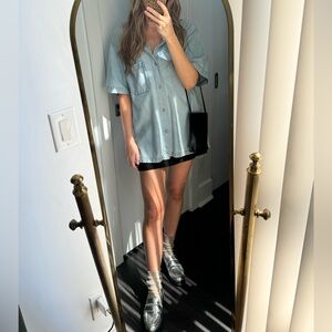 Vintage Light Blue short sleeve Casual denim Button Down Shirt